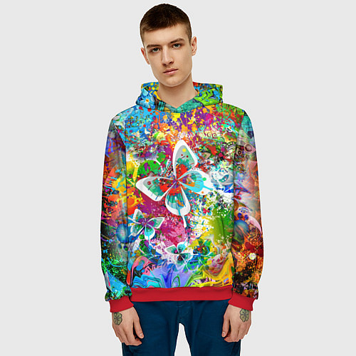 Мужская толстовка Яркое безумие Бабочки, кляксы, граффити / 3D-Красный – фото 3