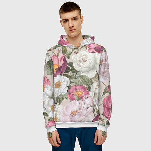 Мужская толстовка Цветы Розовый Сад Пион и Роз / 3D-Белый – фото 3