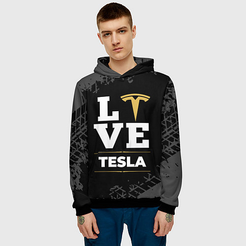 Мужская толстовка Tesla Love Classic со следами шин на фоне / 3D-Черный – фото 3