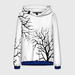 Толстовка-худи мужская Черные ветки деревьев на белом фоне, цвет: 3D-синий
