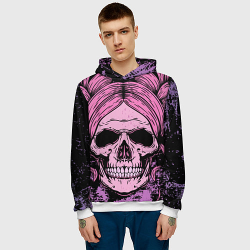 Мужская толстовка Женский череп с розовыми волосами / 3D-Белый – фото 3
