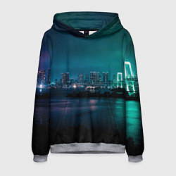 Толстовка-худи мужская Неоновый город с рекой - Светло-зелёный, цвет: 3D-меланж