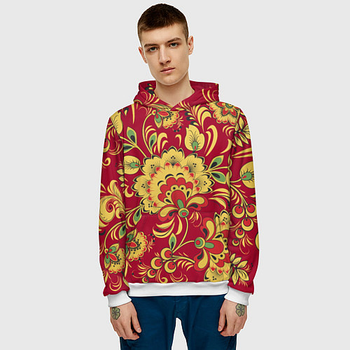 Мужская толстовка Хохломская Роспись Цветы На красном Фоне / 3D-Белый – фото 3