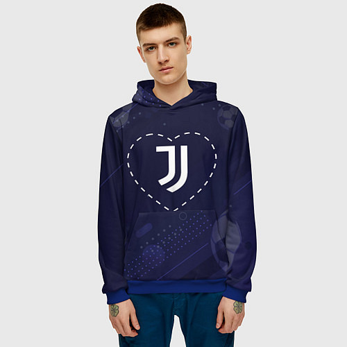 Мужская толстовка Лого Juventus в сердечке на фоне мячей / 3D-Синий – фото 3