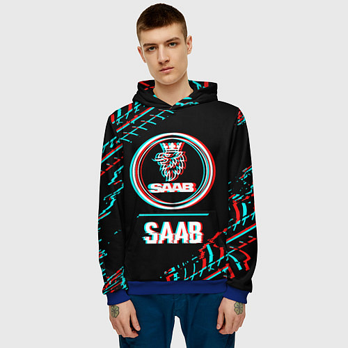 Мужская толстовка Значок Saab в стиле Glitch на темном фоне / 3D-Синий – фото 3