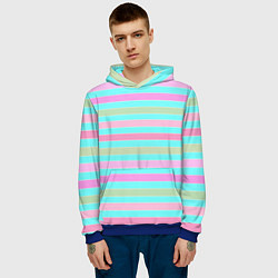 Толстовка-худи мужская Pink turquoise stripes horizontal Полосатый узор, цвет: 3D-синий — фото 2