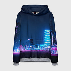 Толстовка-худи мужская Неоновый ночной город - Светло-синий, цвет: 3D-меланж