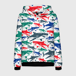 Толстовка-худи мужская Стая разноцветных акул - паттерн, цвет: 3D-черный
