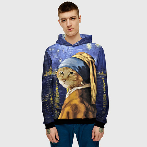Мужская толстовка Прикол с котом: пародия картина / 3D-Черный – фото 3