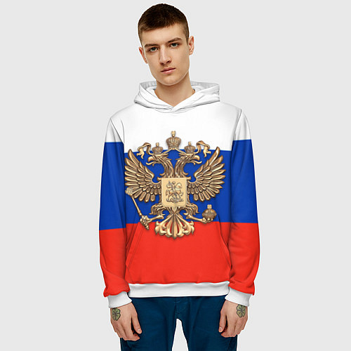 Мужская толстовка Герб России на фоне флага / 3D-Белый – фото 3