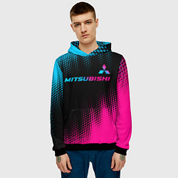 Толстовка-худи мужская Mitsubishi - neon gradient: символ сверху, цвет: 3D-черный — фото 2