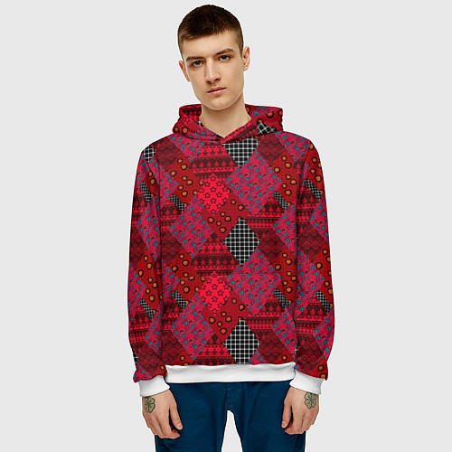 Мужская толстовка Красный лоскутный узор пэчворк / 3D-Белый – фото 3