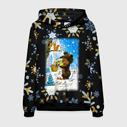 Толстовка-худи мужская Новый год мишка угощает белочек, цвет: 3D-черный