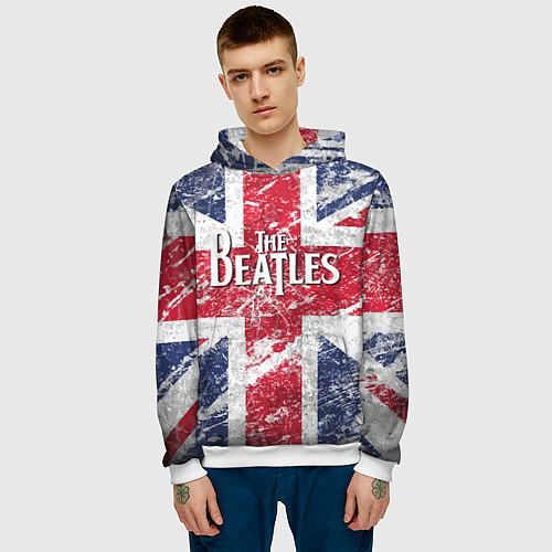Мужская толстовка The Beatles - лого на фоне флага Великобритании / 3D-Белый – фото 3