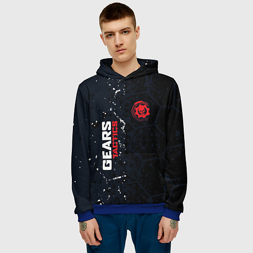 Мужская толстовка Gears of War красно-белой лого на темном фоне / 3D-Синий – фото 3