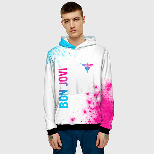 Мужская толстовка Bon Jovi neon gradient style: надпись, символ / 3D-Черный – фото 3