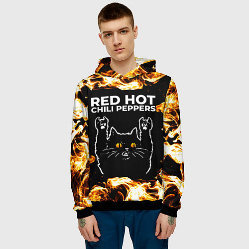 Мужская толстовка Red Hot Chili Peppers рок кот и огонь / 3D-Черный – фото 3