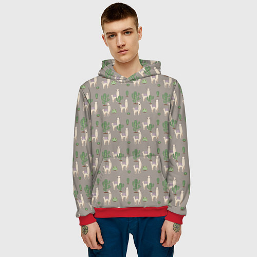Мужская толстовка Три забавных ламы среди кактусов / 3D-Красный – фото 3