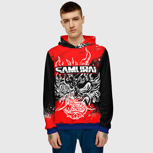 Мужская толстовка Самурай - Маска Они - киберпанк / 3D-Синий – фото 3