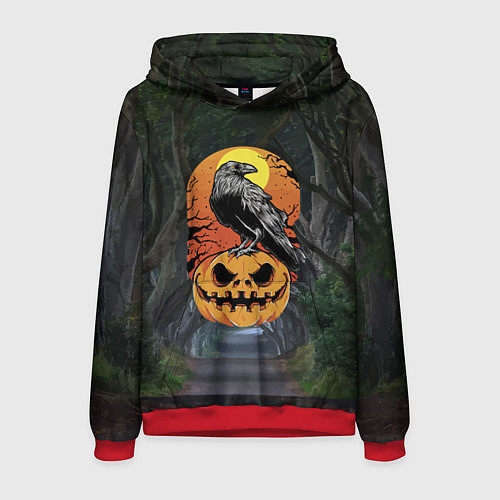 Мужская толстовка Ворон, сидящий на тыкве - Halloween / 3D-Красный – фото 1