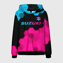 Толстовка-худи мужская Suzuki - neon gradient: символ сверху, цвет: 3D-черный