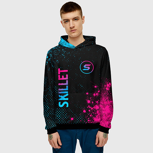 Мужская толстовка Skillet - neon gradient: надпись, символ / 3D-Черный – фото 3