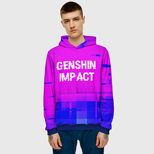 Мужская толстовка Genshin Impact glitch text effect: символ сверху / 3D-Синий – фото 3