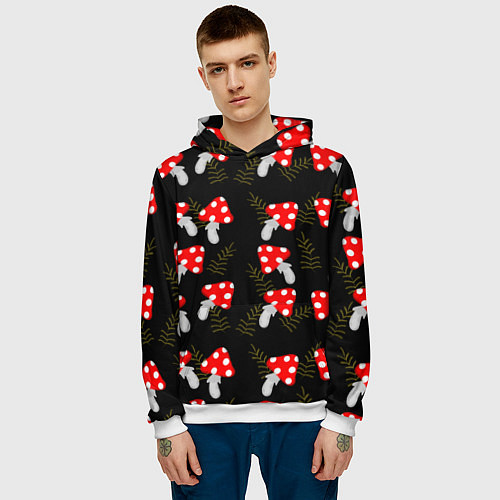 Мужская толстовка Мухоморы на черном фоне / 3D-Белый – фото 3