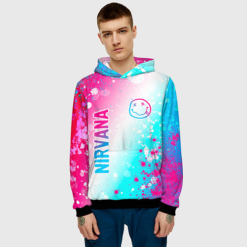 Мужская толстовка Nirvana neon gradient style: надпись, символ / 3D-Черный – фото 3