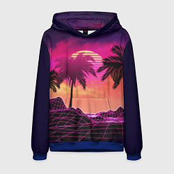 Толстовка-худи мужская Пальмы и пляж в розовом закате ретро дизайн, цвет: 3D-синий