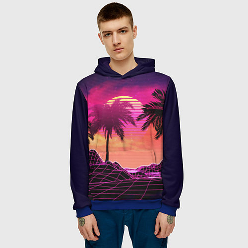 Мужская толстовка Пальмы и пляж в розовом закате ретро дизайн / 3D-Синий – фото 3