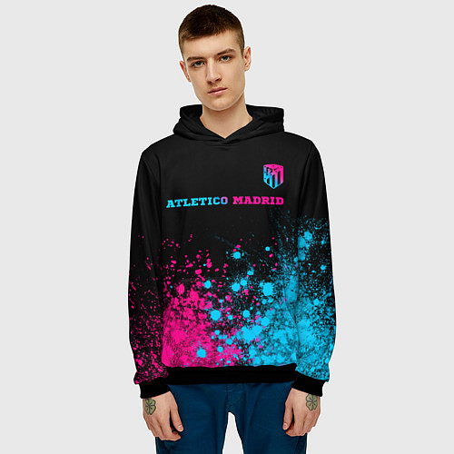 Мужская толстовка Atletico Madrid - neon gradient: символ сверху / 3D-Черный – фото 3