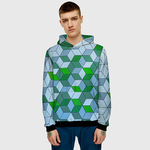 Мужская толстовка Зелёные и серые абстрактные кубы с оптической иллю / 3D-Черный – фото 3
