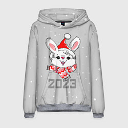 Толстовка-худи мужская Белый кролик в шарфе 2023, цвет: 3D-меланж