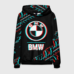 Толстовка-худи мужская Значок BMW в стиле glitch на темном фоне, цвет: 3D-черный