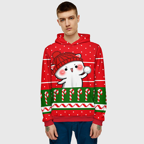 Мужская толстовка Белый котик - игра в снежки / 3D-Красный – фото 3