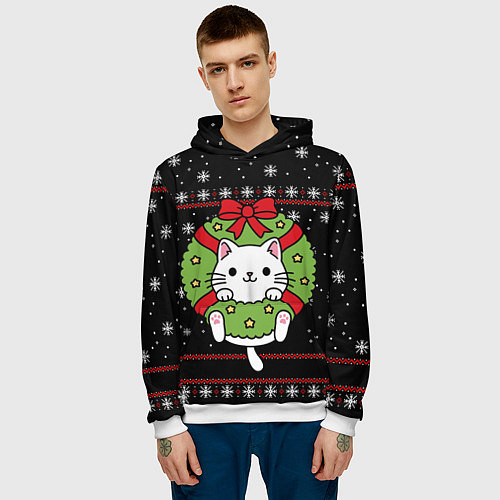 Мужская толстовка Рождественский венок с котиком / 3D-Белый – фото 3