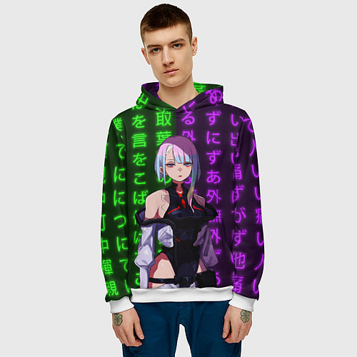 Мужская толстовка Люси и неоновые иероглифы / 3D-Белый – фото 3