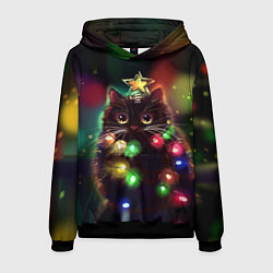 Толстовка-худи мужская Новогодний котик с гирляндой, цвет: 3D-черный