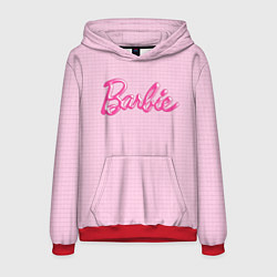 Толстовка-худи мужская Барби - логотип на клетчатом фоне, цвет: 3D-красный