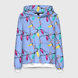 Толстовка-худи мужская Новогодняя гирлянда голубая, цвет: 3D-белый