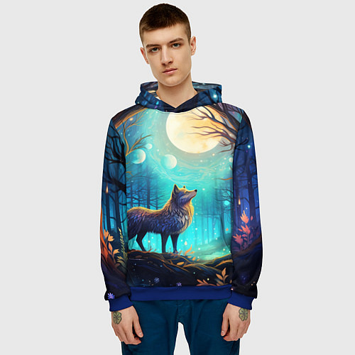 Мужская толстовка Волк в ночном лесу в folk art стиле / 3D-Синий – фото 3