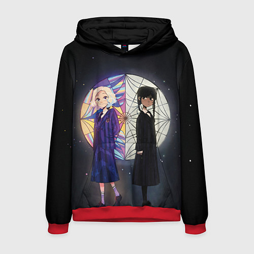 Мужская толстовка Энид и Уэнсдэй на фоне окна / 3D-Красный – фото 1