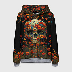 Толстовка-худи мужская Череп украшенный цветущими маками, цвет: 3D-меланж