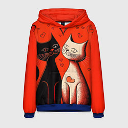 Толстовка-худи мужская Влюблённые кошки на красном фоне, цвет: 3D-синий