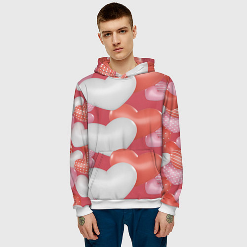 Мужская толстовка Красно - белые сердца на красном фоне / 3D-Белый – фото 3