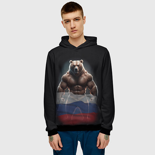 Мужская толстовка Патриотичный медведь с российским флагом / 3D-Черный – фото 3