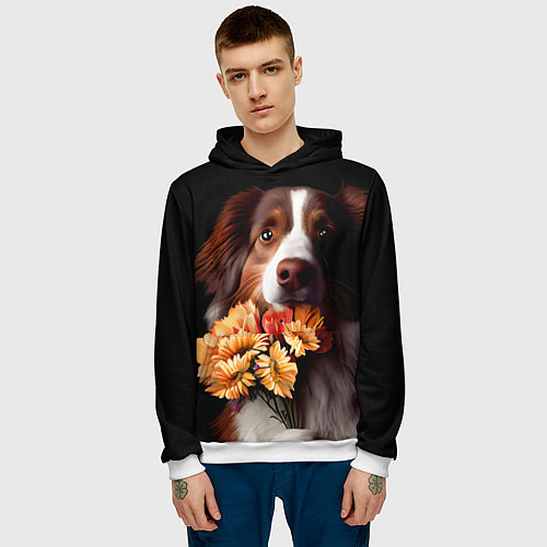 Мужская толстовка Пёс держит букет цветов / 3D-Белый – фото 3