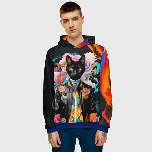 Мужская толстовка Модный чёрный кот - нейросеть - мода / 3D-Синий – фото 3