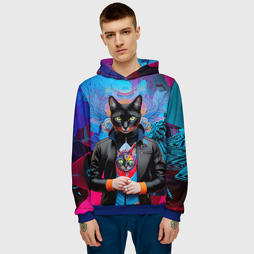 Мужская толстовка Чёрная модница кошка - нейросеть / 3D-Синий – фото 3